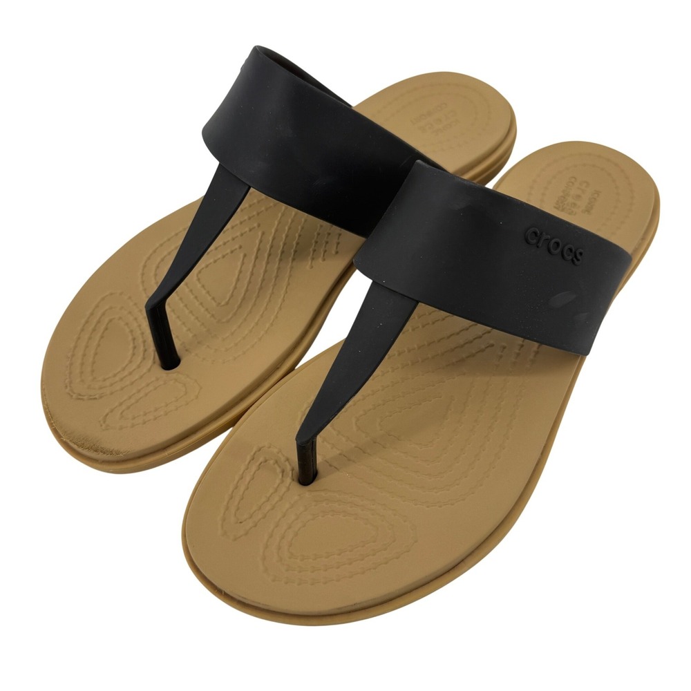 Crocs Tulum Flip Flop Sandal Black Tan Women 7 Slip On Casual Comfy Beach